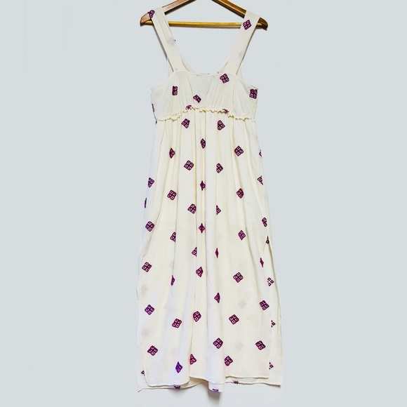 Zara Rustic Dress Womens Large Embroidered Midi Cottagecore Ivory Purple Boho - Picture 2 of 15